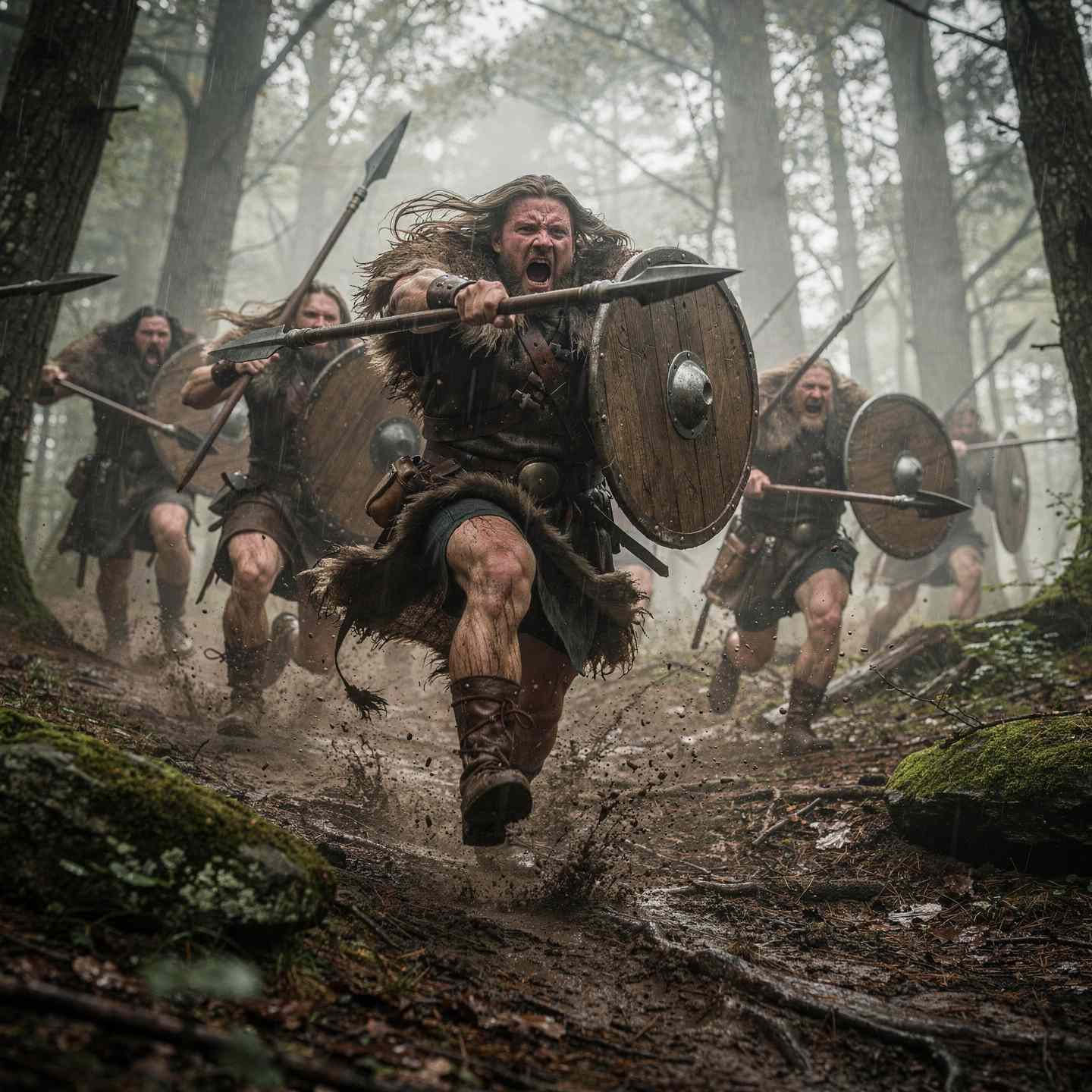 Germanische Krieger greifen römische Legionäre an